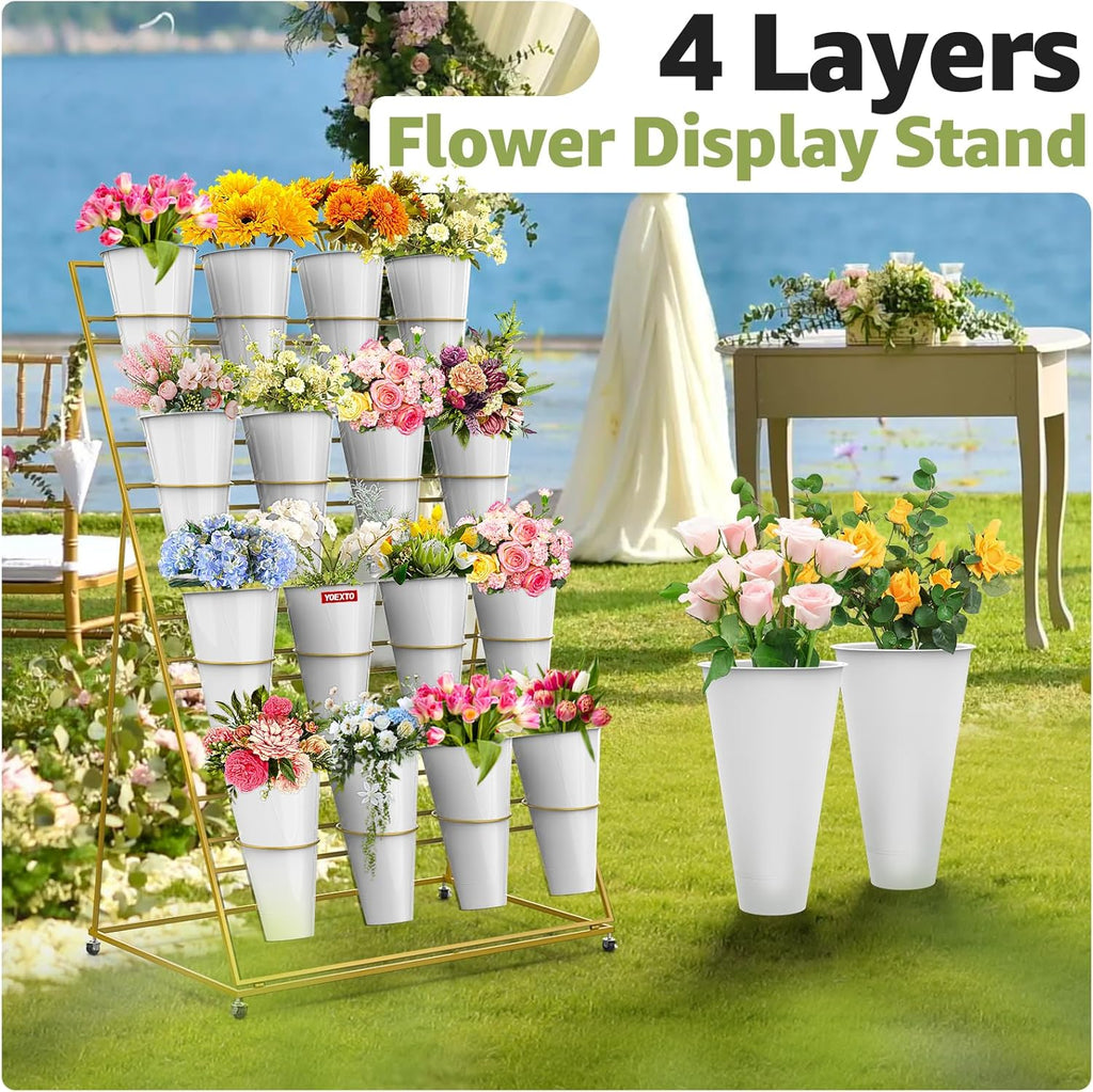 Flower Display Stand 4 Layers with 16 PCS Round Buckets, Plant Stand with Wheels, Movable Metal Plant Stand for Terrace Garden, Florist Shop (Gold Frame, White Buckets, 4-Tier, 16 Buckets)
