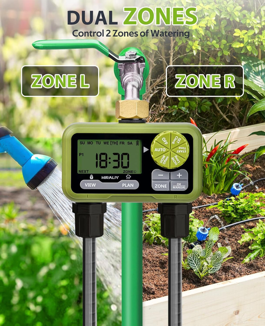 HIRALIY Sprinkler Timer, Water Timer for Garden Hose 2 Zone, Programmable for Watering, Automatic Irrigation System for Yard Lawn, Brass Connector, IP65 Waterproof