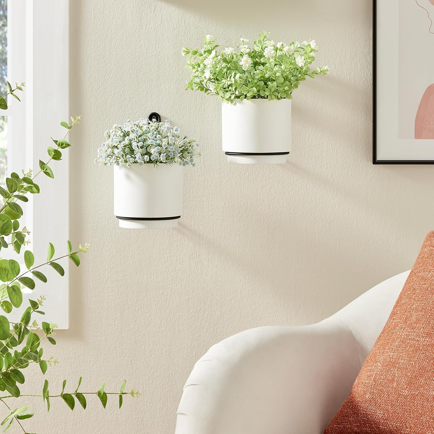 2 Pcs Wall Mounted Hanging Planter Vase for Indoor and Outdoor Plants Modern Metal Wall and Ceiling Planter Minimalist Flower Pot (White, 5.91 inch)