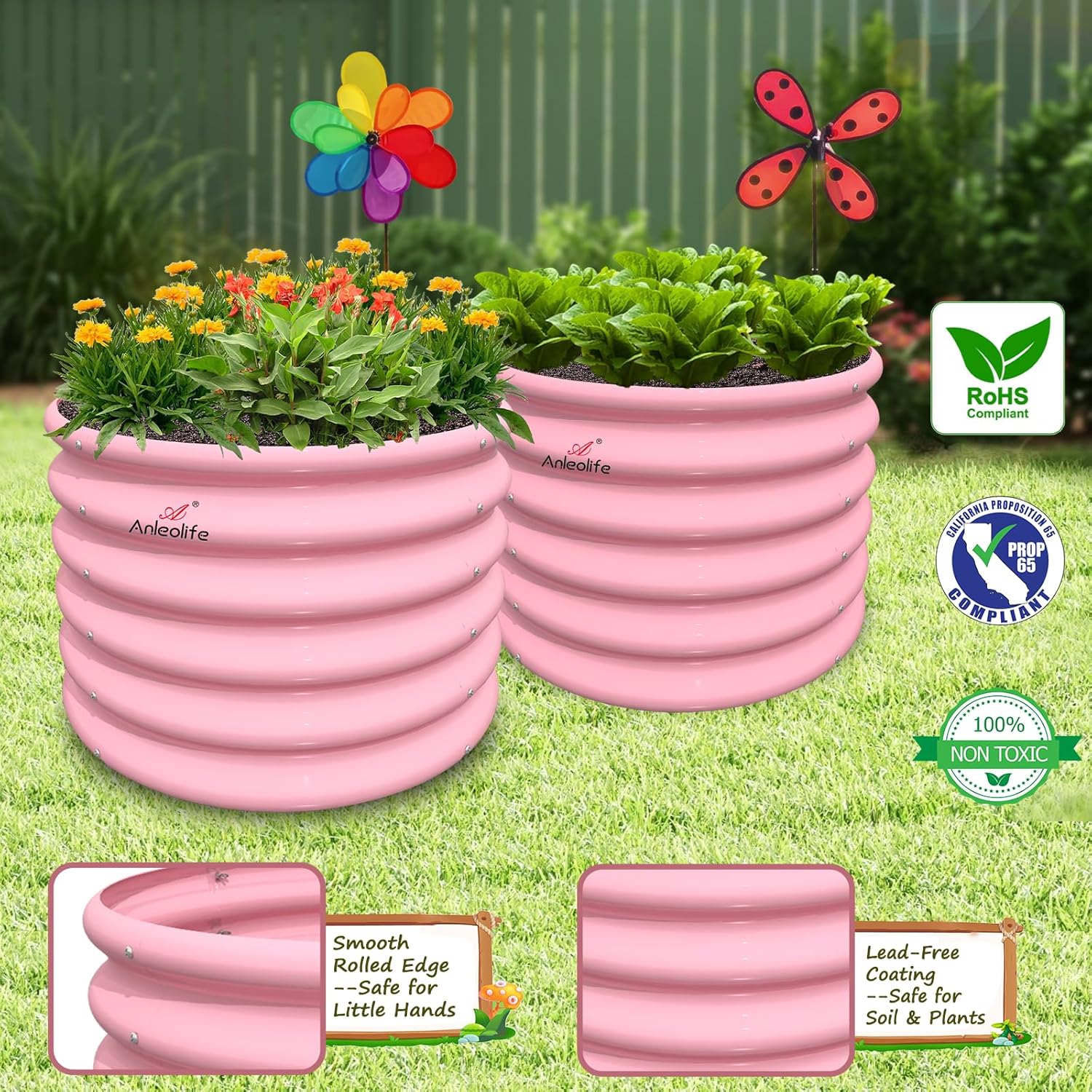 A ANLEOLIFE Kids Raised Garden Beds Outdoor (4-Pack)-24x24x18in Round Galvanized Metal Planter Box for Planting Vegetables, Flowers, Fruits, Eco-Safe & Easy Setup, Blush Pink