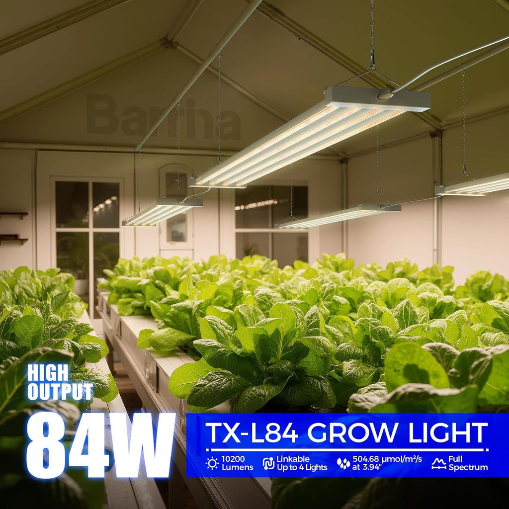 Barrina TX-L84 4FT LED Grow Light, 84W, 4 Panels Wider Coverage, Full Spectrum, High PPFD, Super Bright, Linkable, Hanging Fixture, Plant Stand with Grow Light for Indoor, Seeding, 1 Pack