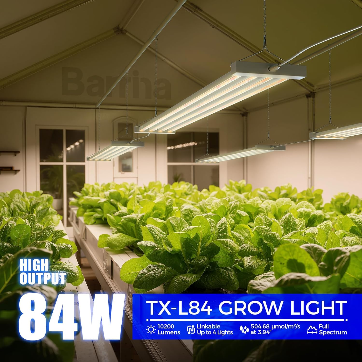 Barrina TX-L84 4FT LED Grow Light, 84W, 4 Panels Wider Coverage, Full Spectrum, High PPFD, Super Bright, Linkable, Hanging Fixture, Plant Stand with Grow Light for Indoor, Seeding, 1 Pack