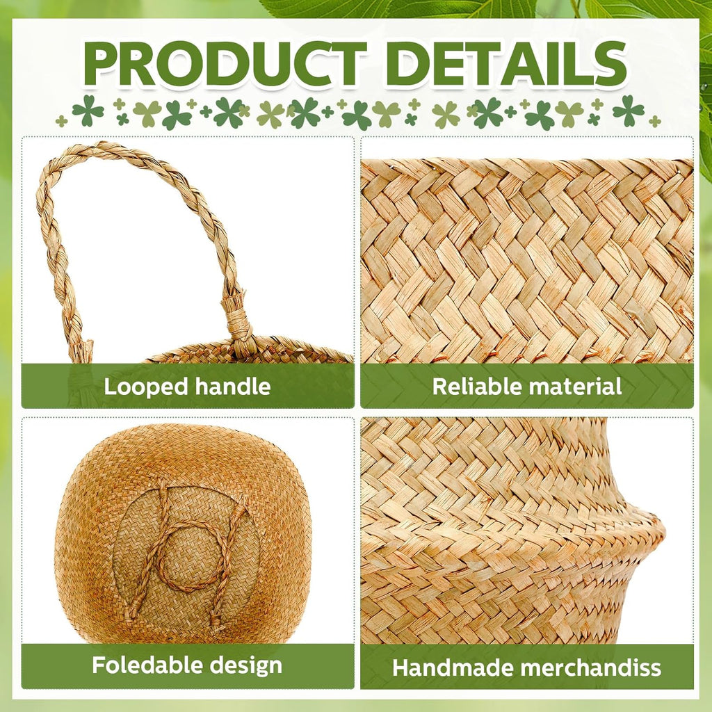 Qunclay Woven Seagrass Baskets Belly Basket Folding Boho Natural Plant Pot with Handles Round Decorative Wicker Large Indoor Planter for Home Outdoor Tree Planters Decor(12 x 11 Inch, 4 Pcs)