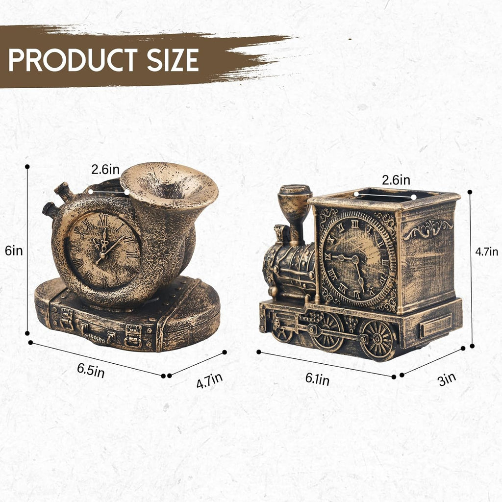 Retro-Style Succulent Pots with Drainage, Indoor/Outdoor Planter, Nostalgic Cactus/Bonsai Garden Pots for Home Decoration and Office Desk Decoration, Vintage Artwork (2 Piece Set) (Bronze-Colored)