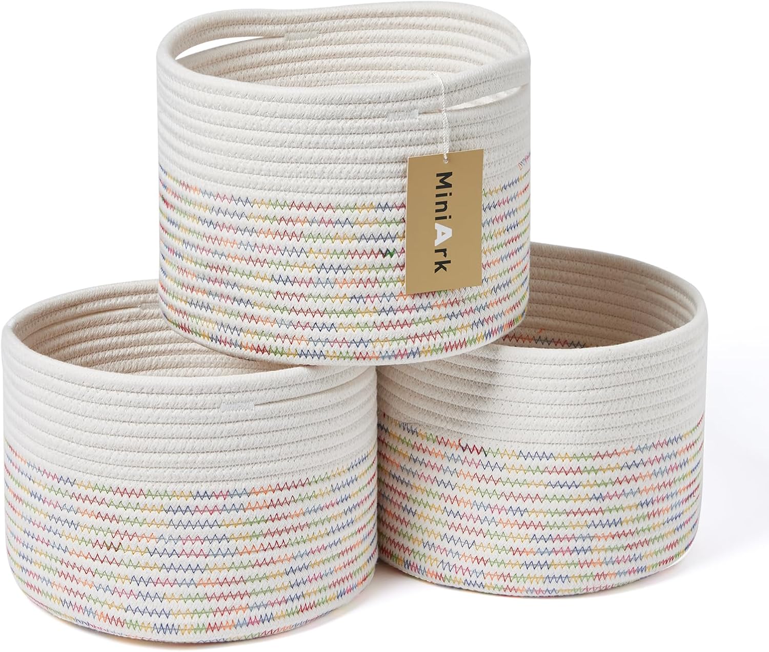 Small Basket for Organizing | Cube Shelf Closet Storage Baskets | 9.7×9.7×7.1” | Woven Rope Gift Basket | Nursery | Round 3 Packs Rainbow