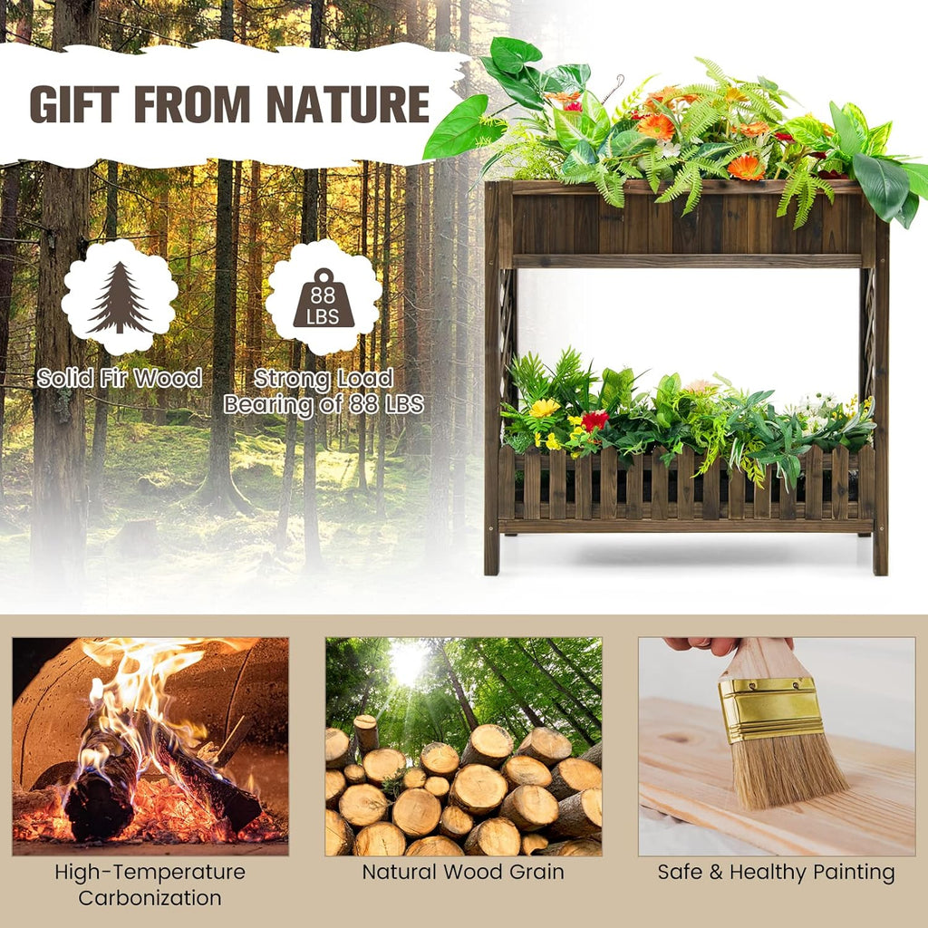 S AFSTAR 2-Tier Raised Garden Bed, Indoor Outdoor Flower Bed with Bottom Shelf Fence, 35.5” H Wood Elevated Planter Box for Vegetable Flower Herb Succulent, Ideal for Patio Balcony Backyard