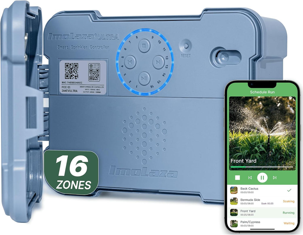 ImoLaza Outdoor Smart Sprinkler Controller, 16-Zone WiFi Irrigation Controller with Hyper-Local Weather, App Remote Control, Works w/ Alexa, Auto Watering, Rain/Freeze/Wind Skip, Smart Fault Detection