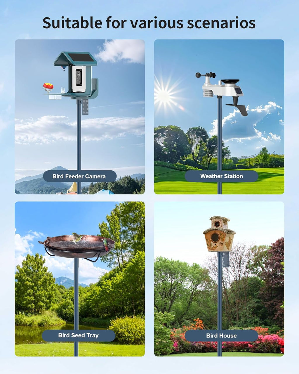 Bird Feeder Pole Stand – 74.5 Inch Height Feeding Station with 1-Inch Dia Heavy Duty for Hanging Feeders, Bird House Pole Mount Kit for Outdoor, Slip-Fit Connection，Blue