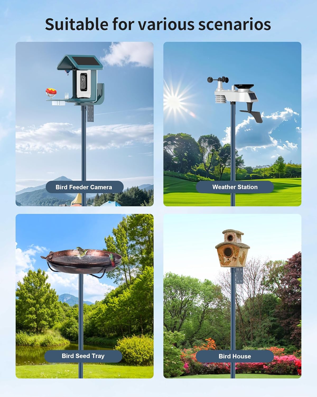 Bird Feeder Pole Stand – 74.5 Inch Height Feeding Station with 1-Inch Dia Heavy Duty for Hanging Feeders, Bird House Pole Mount Kit for Outdoor, Slip-Fit Connection，Blue