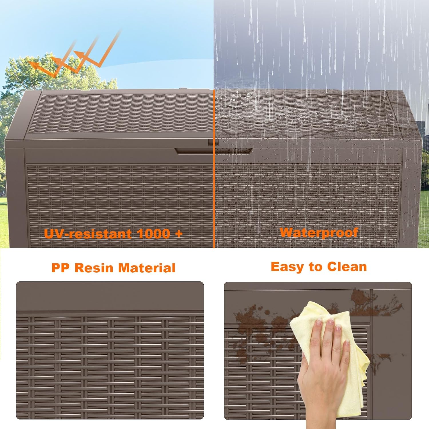 100 Gallon Resin Deck Box, Lockable Patio Outdoor Storage Box for Furniture, Garden Tools and Tools Storage, Waterproof Outside Storage Boxes - Grey