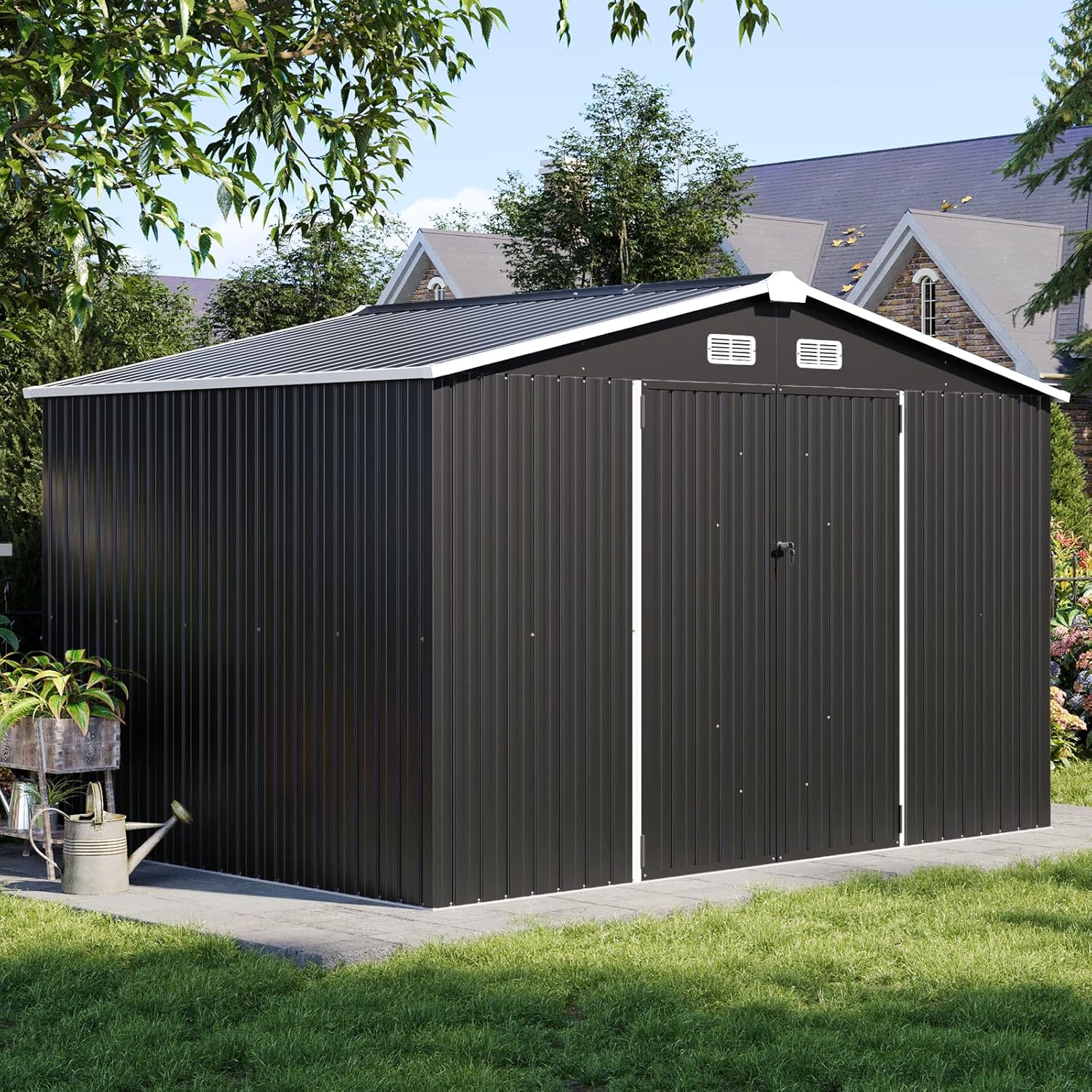 Aoxun 9.4x7.3x6.5 FT Outdoor Storage Shed with Base Outdoor Metal Shed for Tool, Garden, Bike, Placed in Patio, Garden Base Included (Black)