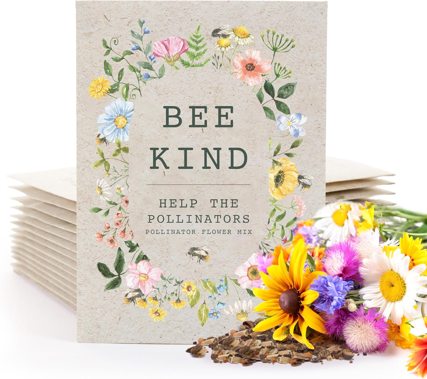 Bentley Seed Co. | Bee Kind Pollinator Flowers | Beautiful Bee Art Kraft Look Seed Packets | Environmental Favors Cards for Guests | Wildflower Mix Seed Packets | Eco-Friendly Hand Out Gift | 25 Pack