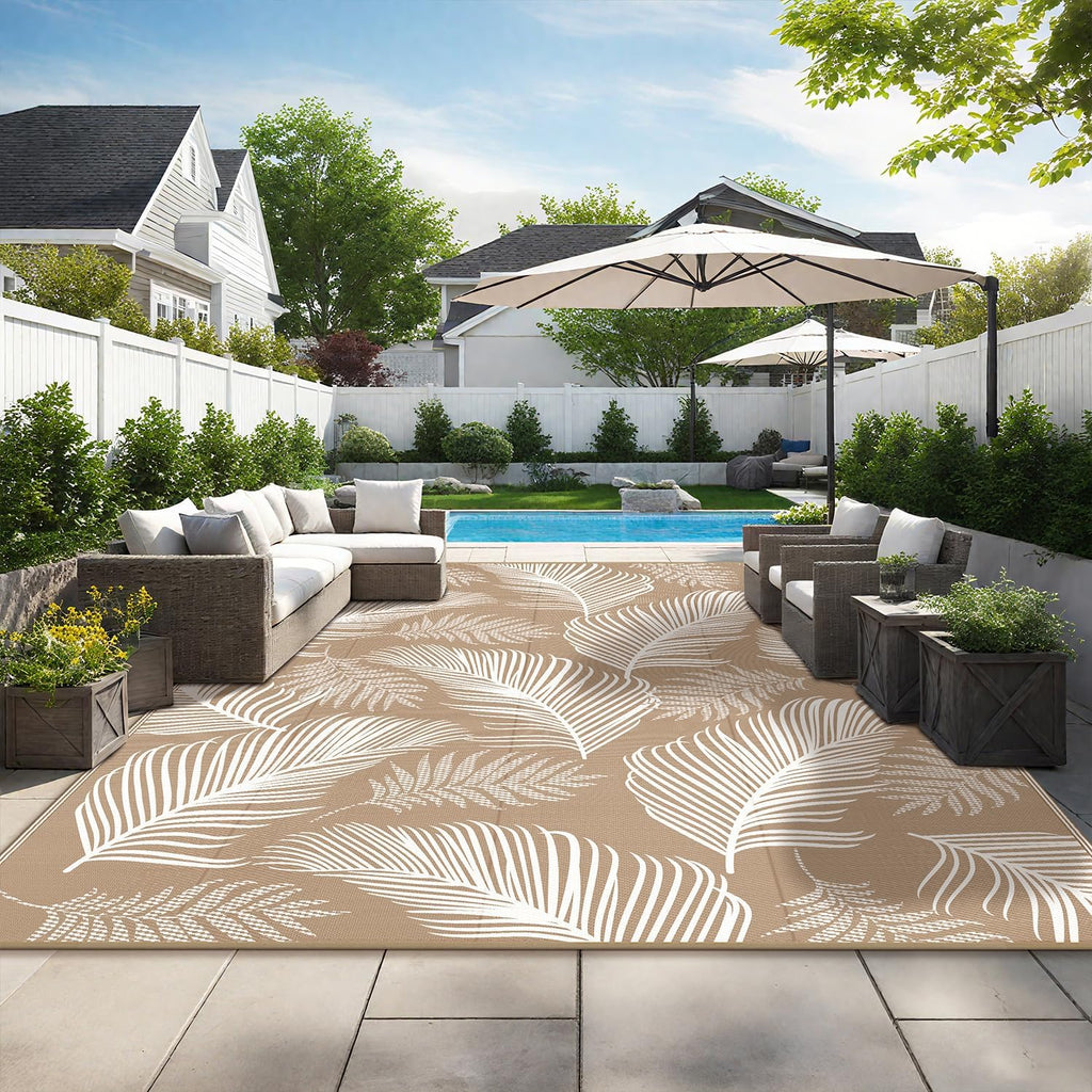 Pauwer Waterproof Outdoor Rug 9x12, Reversible Plastic Straw Patio Camping Rug, Indoor Outdoor RV Mat Carpet for Deck, Camper, Porch, Balcony, Backyard, Picnic, Leaf Brown