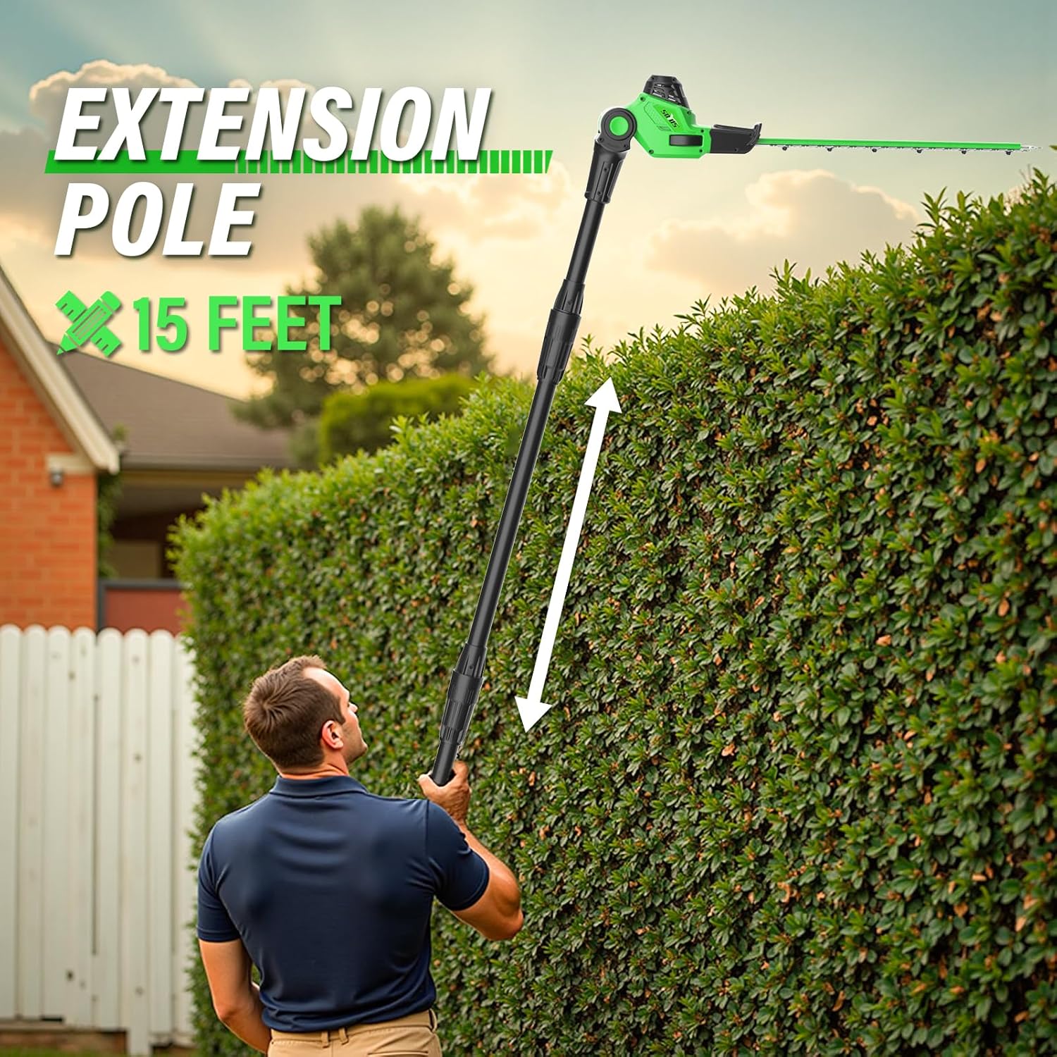 SOYUS Pole Hedge Trimmer Cordless, 18-inch Electric Hedge Trimmer with Extension Pole, 16-Foot Max Reach, Multi-Angle, 2 * 2.0Ah Batteries and Charger Included