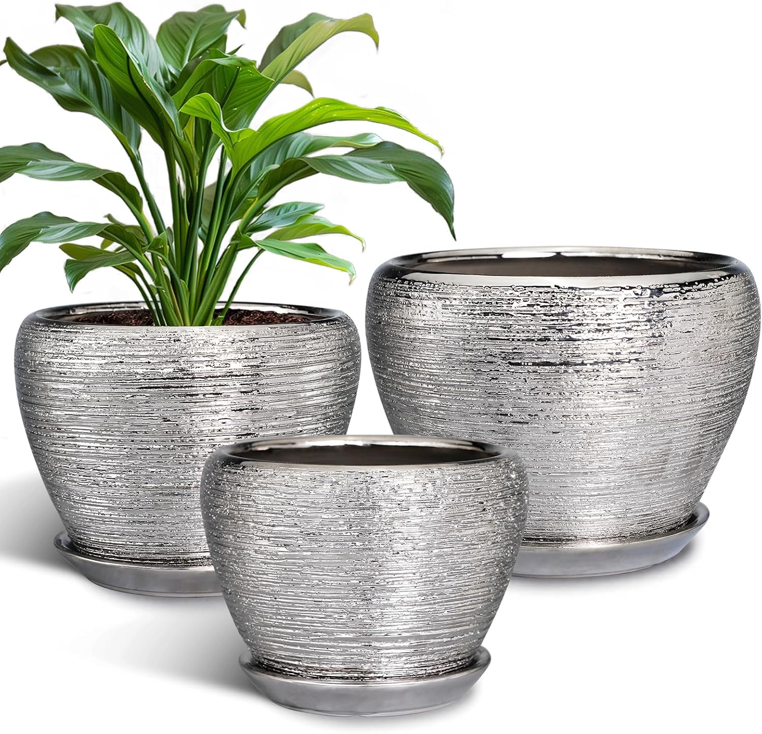 Ceramic Planters - 10 Inch 8 Inch 6 Inch Plant Pots Indoor with Drainage Holes and Saucer Mid-Century Large Planters Outdoor Flower Pots for Home Decor Set of 3 Silver
