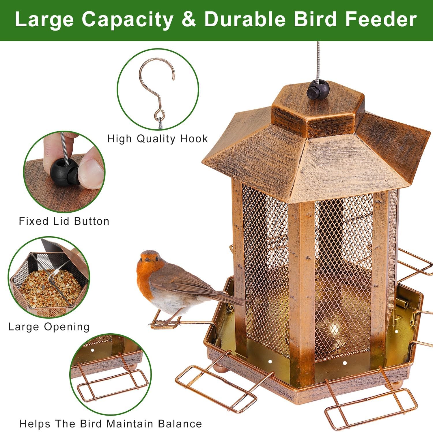 Lantern-Shaped Metal Bird Feeder for Outdoor Hanging, 3.5LB Large Capacity, Garden Decoration - Attracts Wild Birds, Durable Outdoor Bird Feeding Station for Garden Yard Outside Backyard