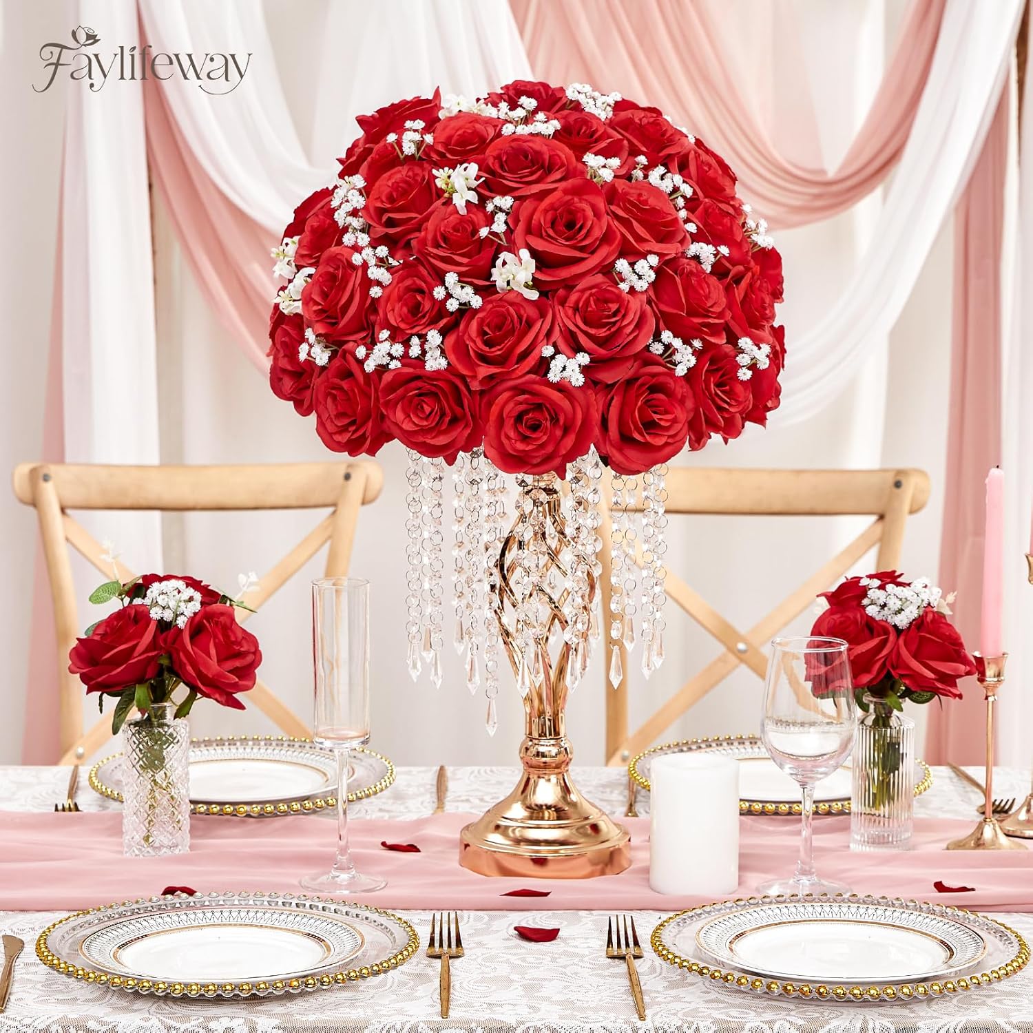 50PCS Artificial Red Roses, 3.9'' Silk Flower Head Fake Red Rose with Long Stems, Realistic Faux Roses Bouquet for DIY Wedding Home Party Office Decoration