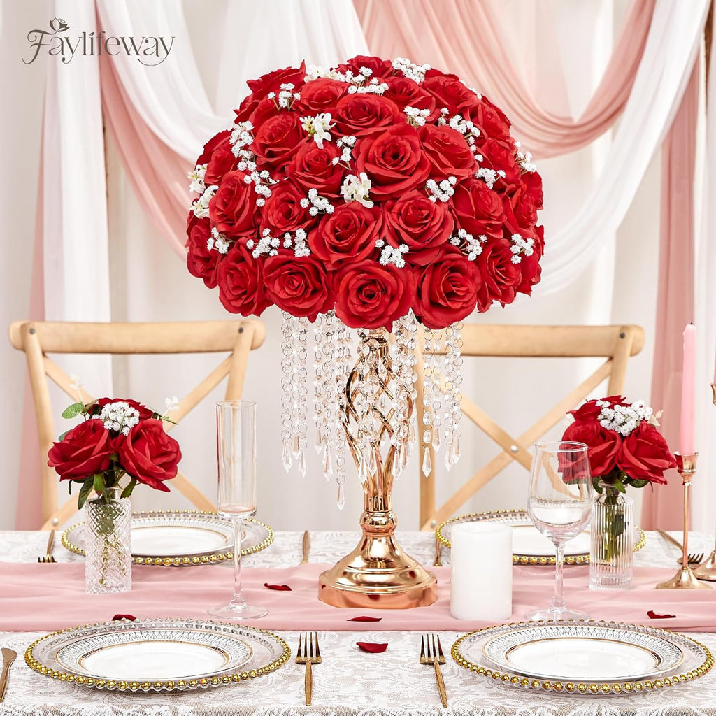 20PCS Artificial Red Roses, 3.9'' Silk Flower Head Fake Red Rose with Long Stems, Realistic Faux Roses Bouquet for DIY Wedding Home Party Office Decoration