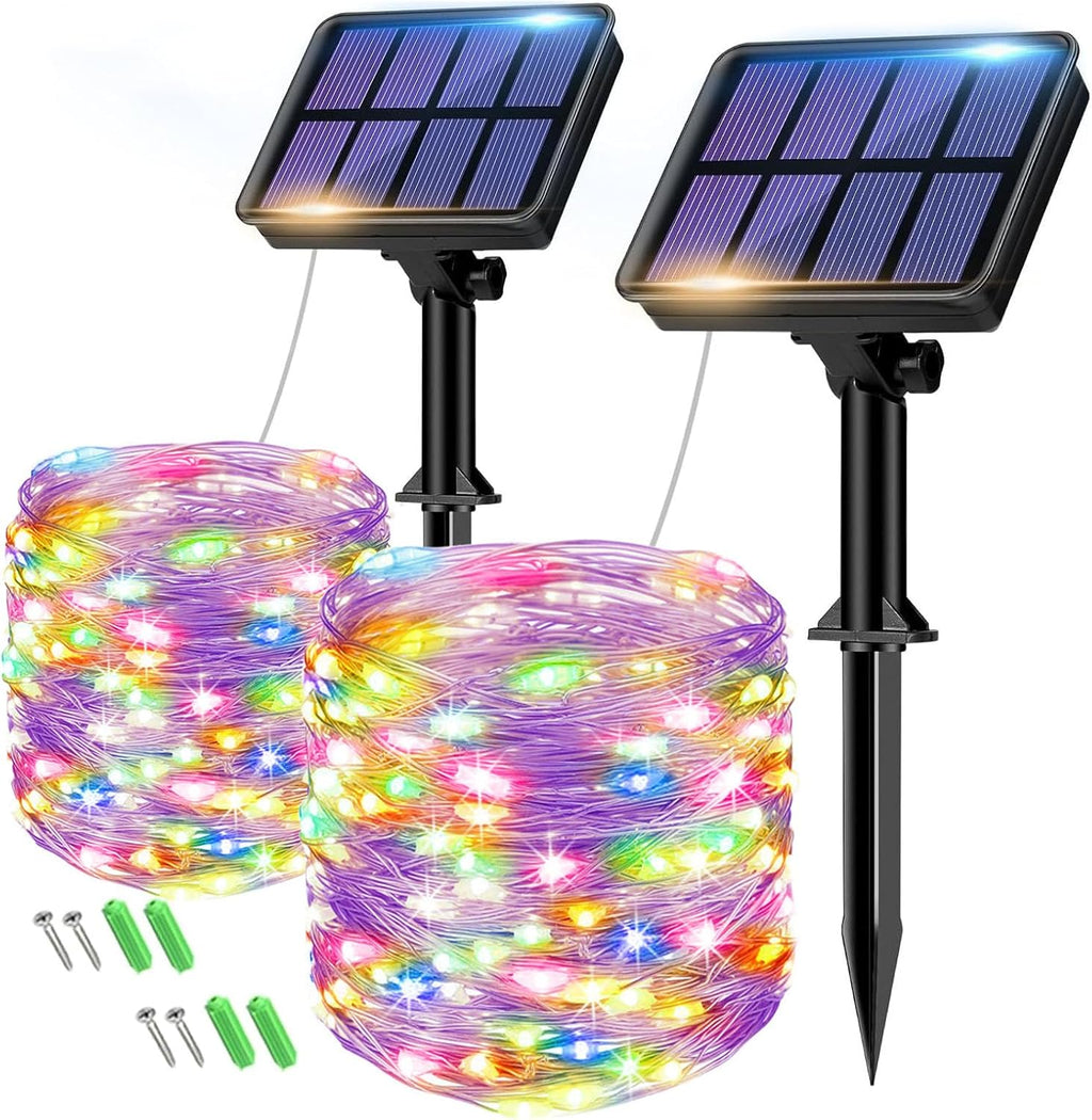 2 Pack Solar String Lights for Outside - 160LED 66FT Solar Fairy Lights Outdoor Waterproof 8 Modes, Copper Wire Solar Powered Twinkle Lights for Tree Garden Christmas Wedding Party Decor, Multicolor