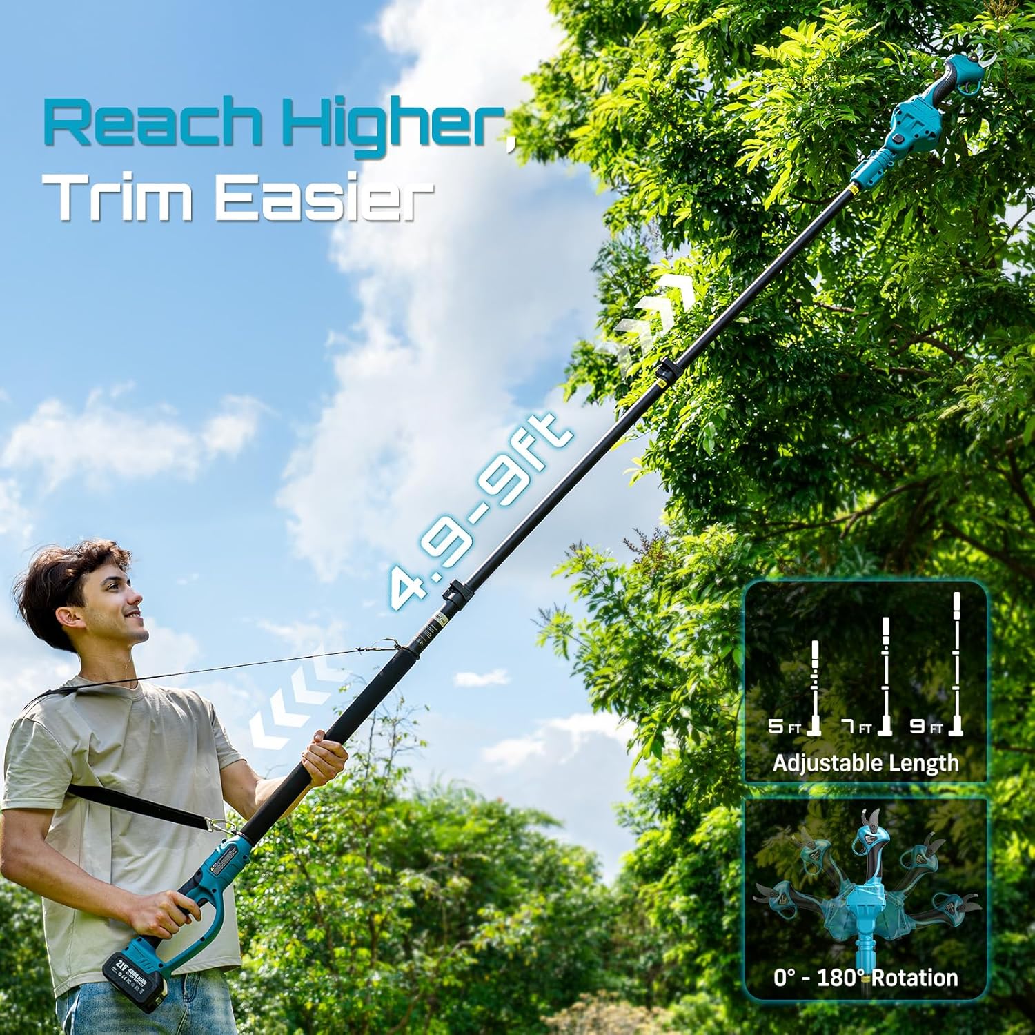 Seesii 2-in-1 Electric Pruning Shears with Pole, 15Ft Reach, 1.2" Cutting Diameter, 21V 4000mAh Battery, Cordless Pruner with Brushless Motor for Orchard, Flower, Branch, Tree Trimming