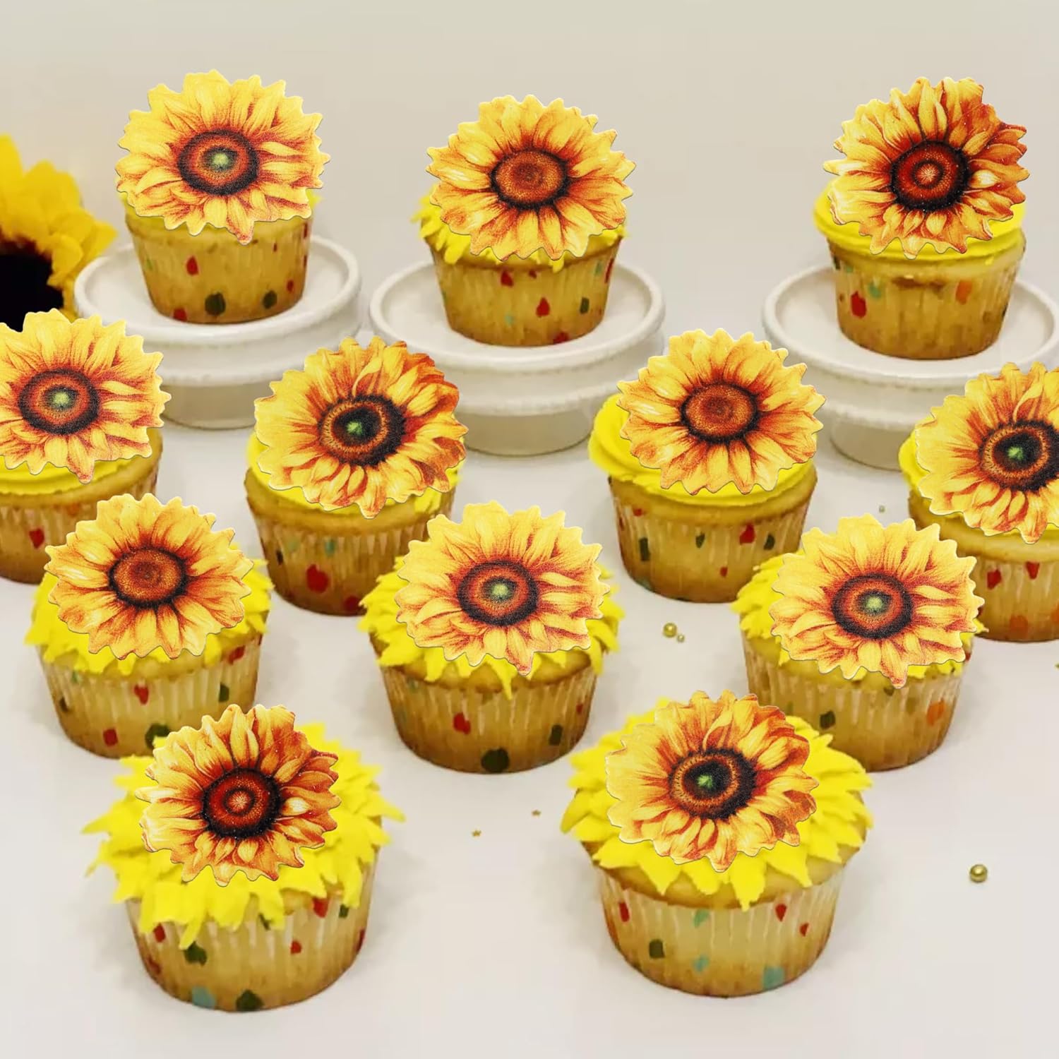60 PCS Edible Sunflower Cupcake Toppers Edible Flowers Cake Decorations Edible Paper Sunflower Party Decorations for Baby Shower Sunflower Birthday Party Cake Toppers Food Decorations Supplies