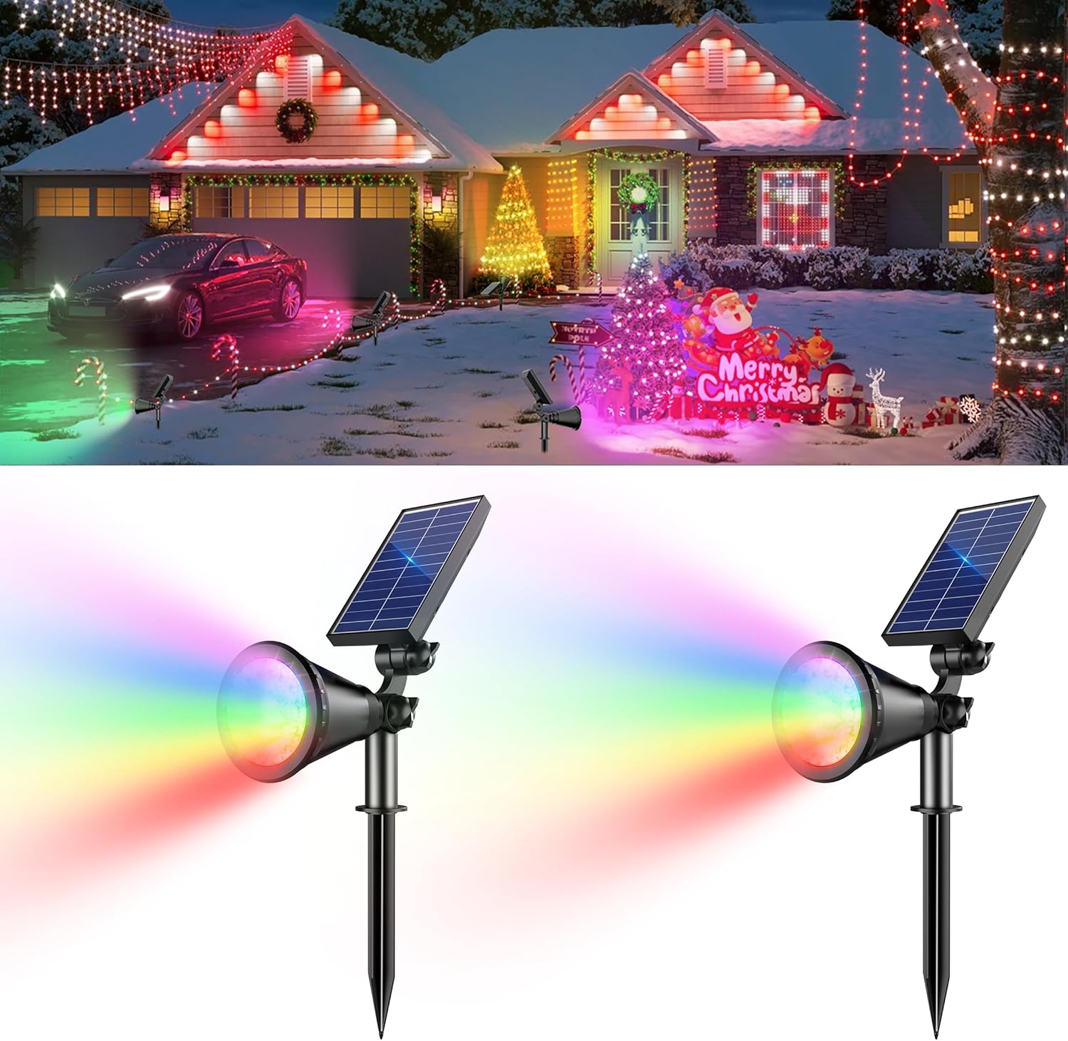 Solar Color Changing Lights, 2 Modes Solar Spotlights Outdoor Waterproof Ip65, Outdoor Lights for Outside Yard Garden Landscape Pathway Tree Decorations- 2 Pack (Multicolor)