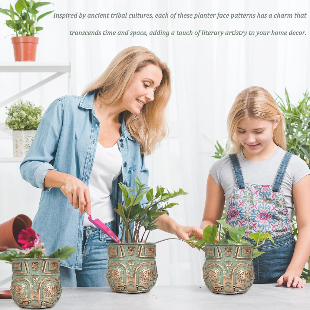 Tribal Vintage Face Planter,Lightweight Unique Plant Pots with Drainage,Eclectic Small Succulent Flower Planters Pots for Outdoor&Indoor Plants,Funny Garden Pot for Room Decor(5.5in,Green)