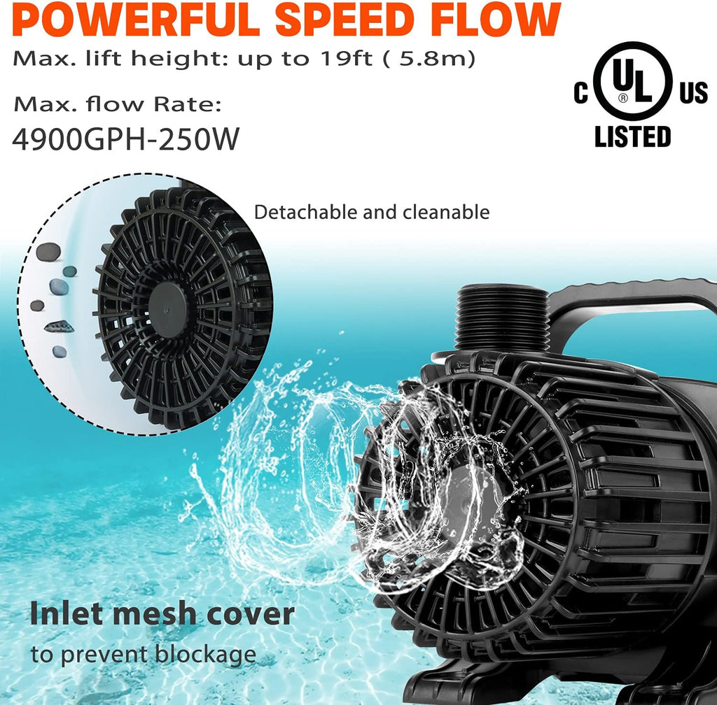 WaterRebirth (4900GPH-250W,UL listed) High Flow Submersible Large Fountain Submersible Water Pond Sump Pump Aquarium Electric Waterfall Pump Outdoor PS-4900
