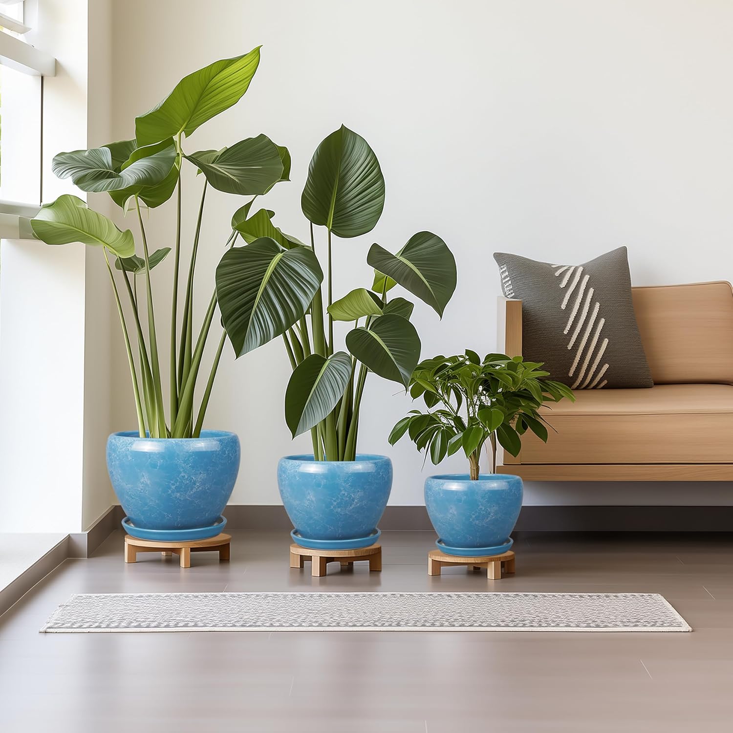 Ceramic Plant Pots - 10+8+6 Inch Modern Round Planters for Indoor Outdoor with Drainage Holes and Plant Saucers, Room Patio House Office Decor, Gardening Gifts for Women Men, Set of 3, Blue