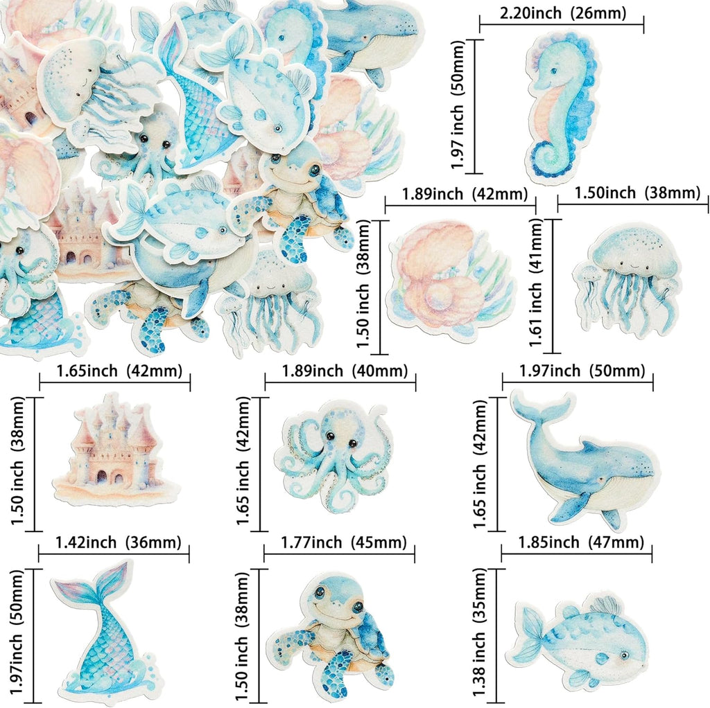 Ephlyn 54Pcs Edible Ocean Animal Cupcake Toppers Wafer Paper Octopus Dolphin Turtle Crab Mermaid Tail Cake Picks for Under the Sea theme Birthday Party Supplies Pink Blue