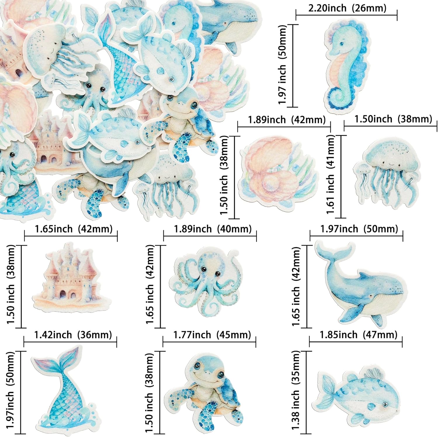 Ephlyn 54Pcs Edible Ocean Animal Cupcake Toppers Wafer Paper Octopus Dolphin Turtle Crab Mermaid Tail Cake Picks for Under the Sea theme Birthday Party Supplies Pink Blue