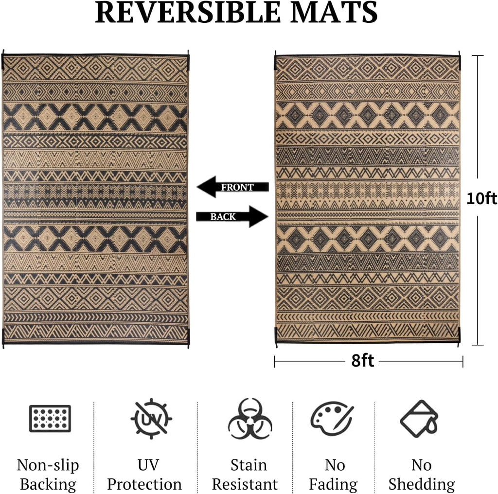 8'x10' Reversible Outdoor Rug - Eco-Friendly Plastic Straw Rug-Heavy-Duty Waterproof Mat, UV & Fade Resistant for Patio, Camping, RV, Deck, Balcony(8x10,Black&Brown)