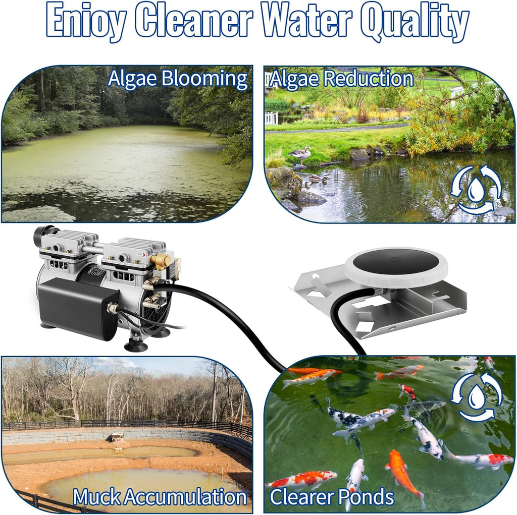 Pond Aeration System, Pond Aerator 3/4HP Oil-Free Rocking Piston Air Compressor 2 Diffusers Two 100ft Weighted Hoses for 3 Acres Deep Water Outdoor Large Lake & Pond Pumps 5.6 CFM Air