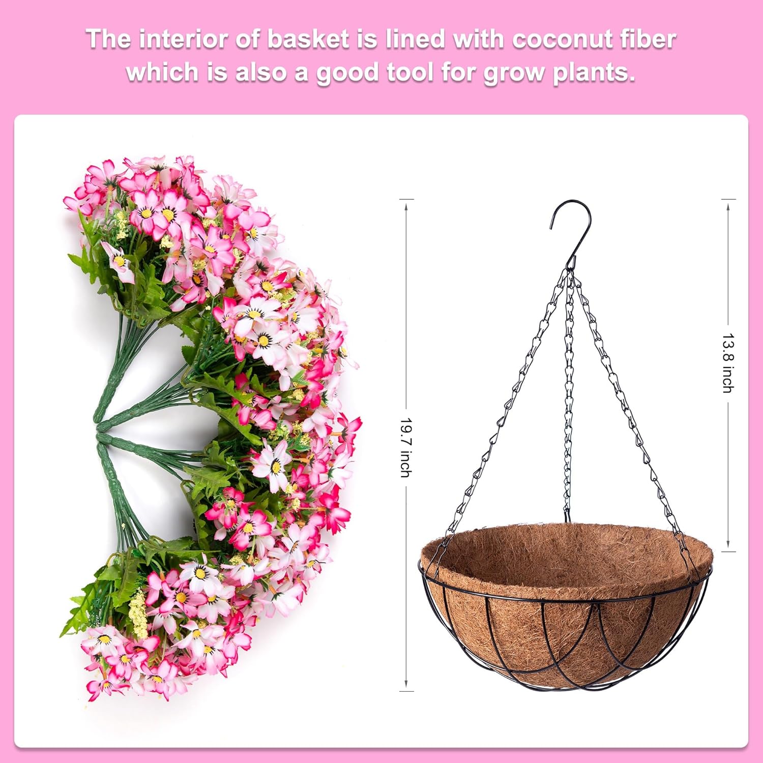 Artificial Silk Flowers Hanging Baskets Outdoors Indoors,Chrysanthemum with Eucalyptus Leaves Arrangement for Garden Yard Spring Summer Decor,Faux Plant in Metal Coconut Lining Flowerpot(Pink)