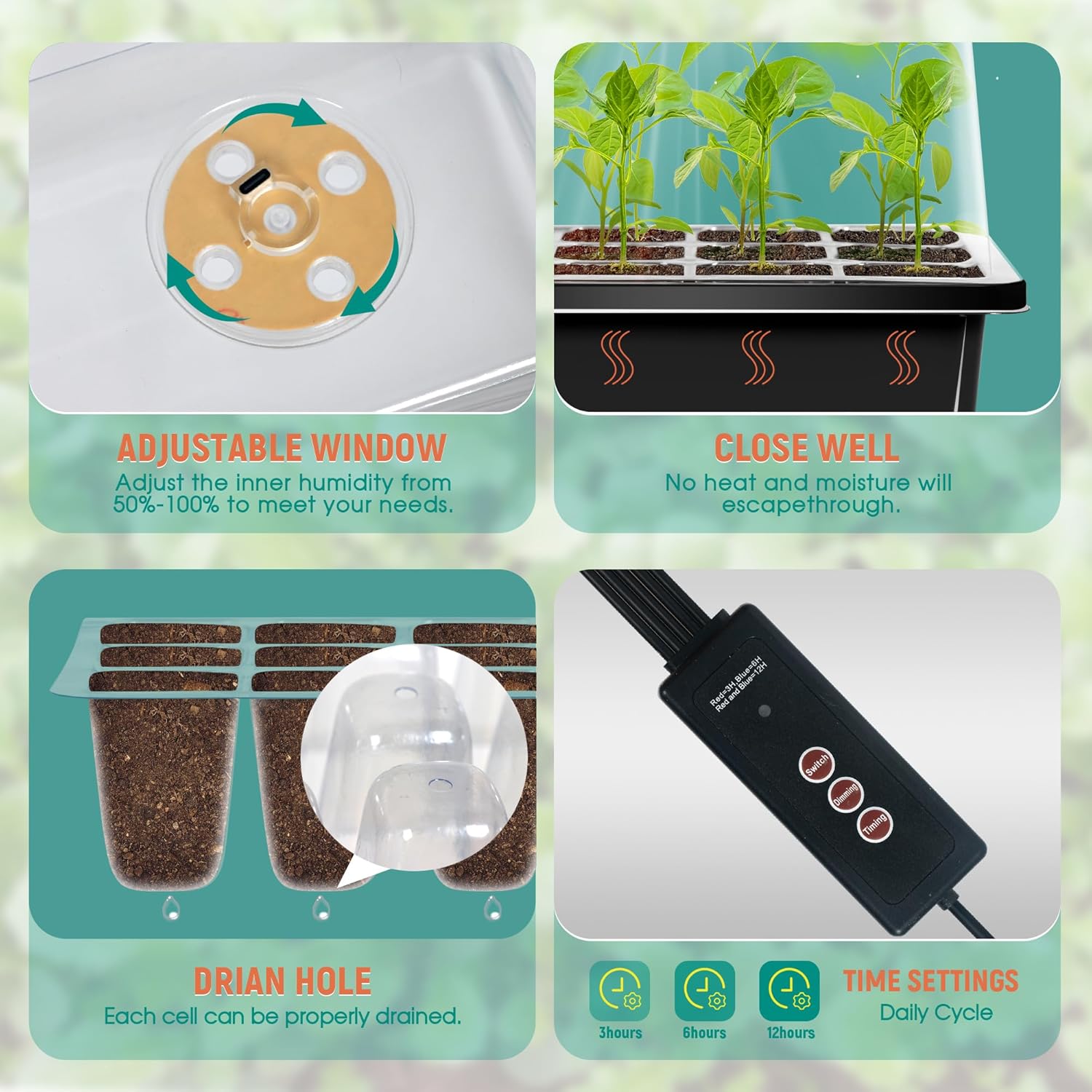 12-Set Seed Starter Tray with Grow Light, Seed Starting Trays Kits with Timing Controller Adjustable Humidity Domes Heightened Lids(12-Cells Per Tray)