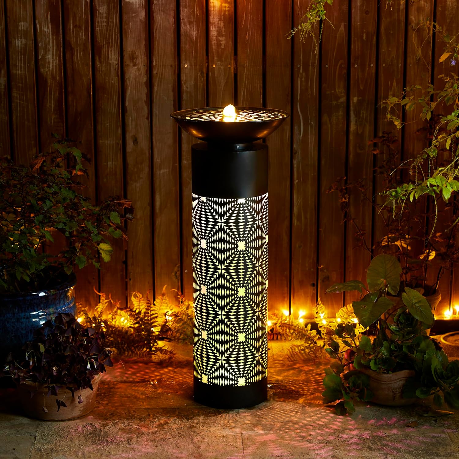 Glitzhome Modern Black Metal Cutout Water Fountain - 36'' Outdoor Bird Bath Fountain with LED Light & Pump - Freestanding Waterfalls Garden Fountains for Patio Backyard Porch Patio Decor