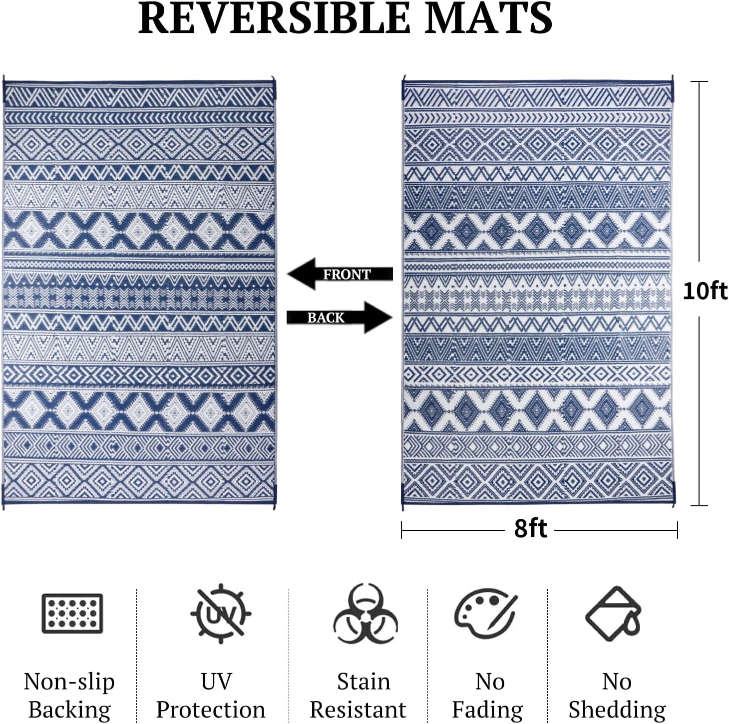 8'x10' Reversible Outdoor Rug - Eco-Friendly Plastic Straw Rug-Heavy-Duty Waterproof Mat, UV & Fade Resistant for Patio, Camping, RV, Deck, Balcony(8x10,Blue&White)