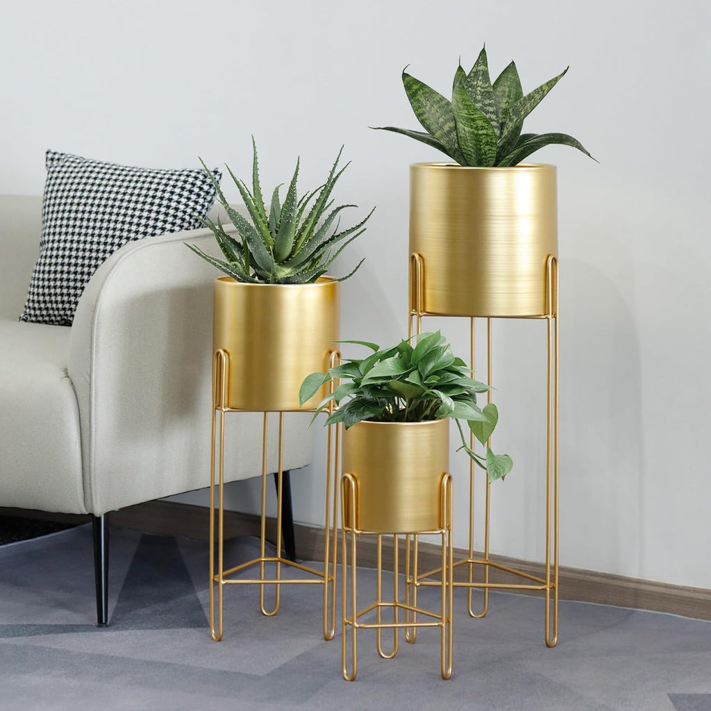 TRIROCKS Set of 3 Large Planters with Stand Gold Planter for Indoor Plants 29 &22 &12" Tall Morden Metal Plant Pots for Living Room Corner Kitchen Office Garden Balcony Patio Decor