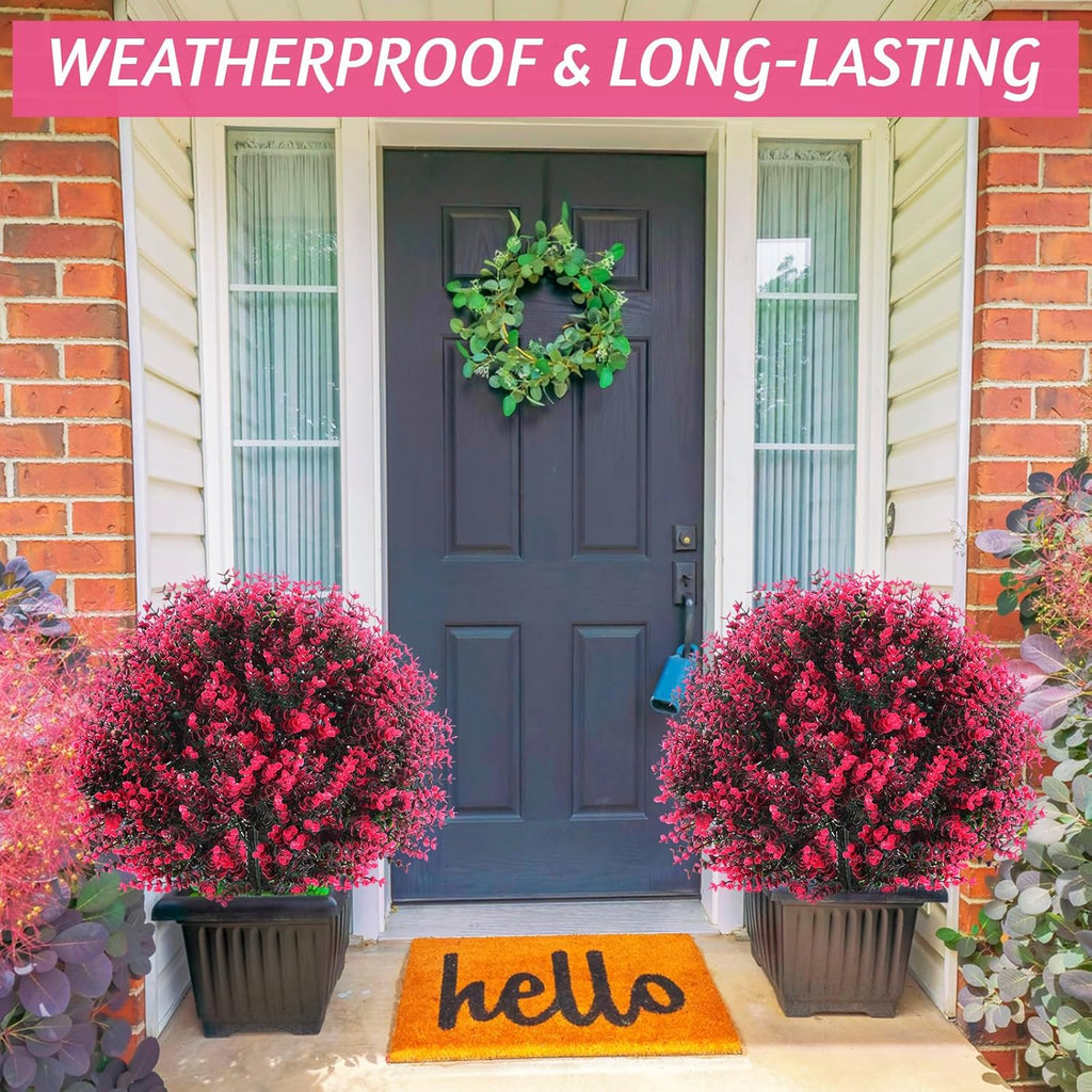 Yunlly 6 Pcs 18 Inch Artificial Boxwood Ball Topiary Tree Fake Outdoor Plants Bush, UV Resistance Faux Shrubs with Spike Realistic Greenery Potted for Indoor Garden Yard Porch Patio Decor (Rose Red)