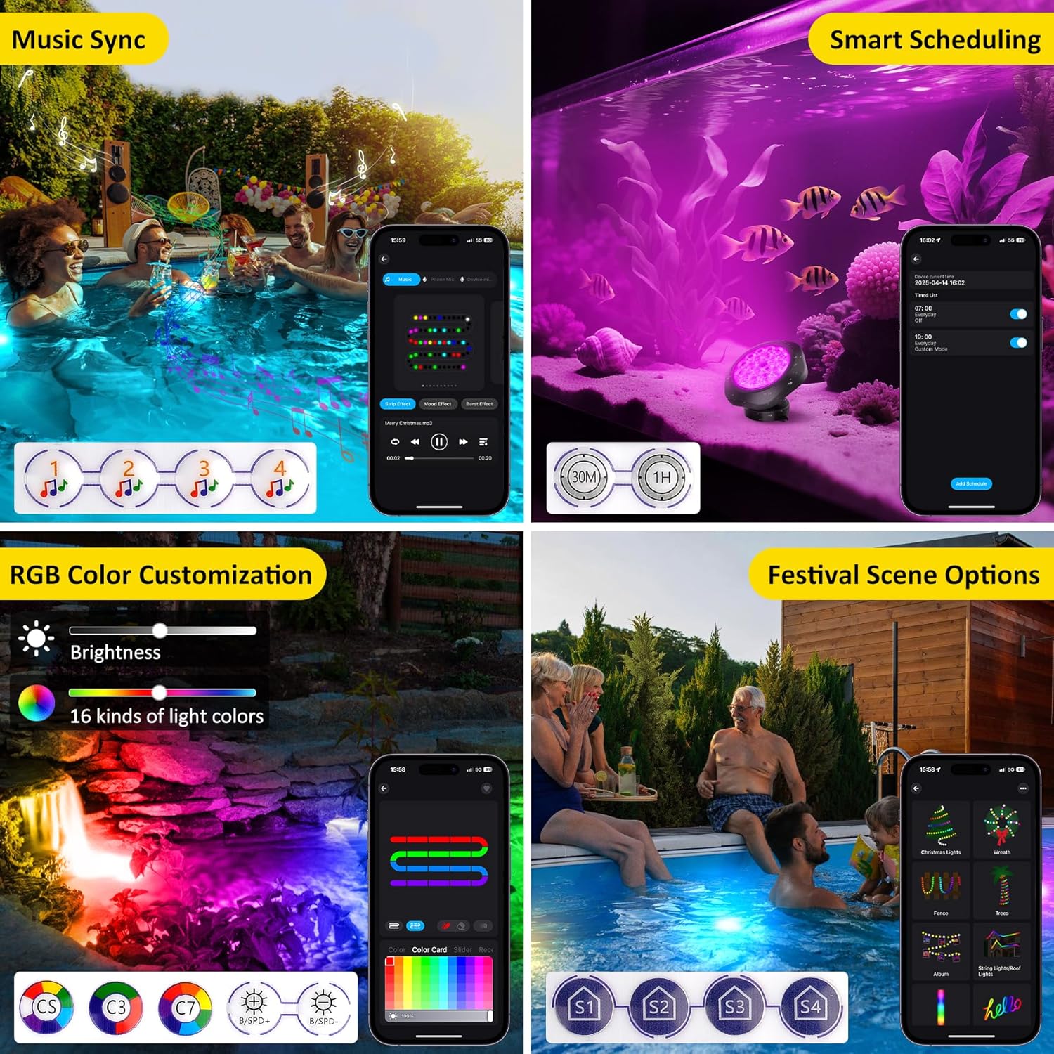 T-SUN Color Changing Pond Lights LED Underwater APP and Remote Control Submersible Fountain Lights IP68 Waterproof Landscape Spotlight Fish Tank Light for Koi Pond Aquarium Garden (Set of 2)