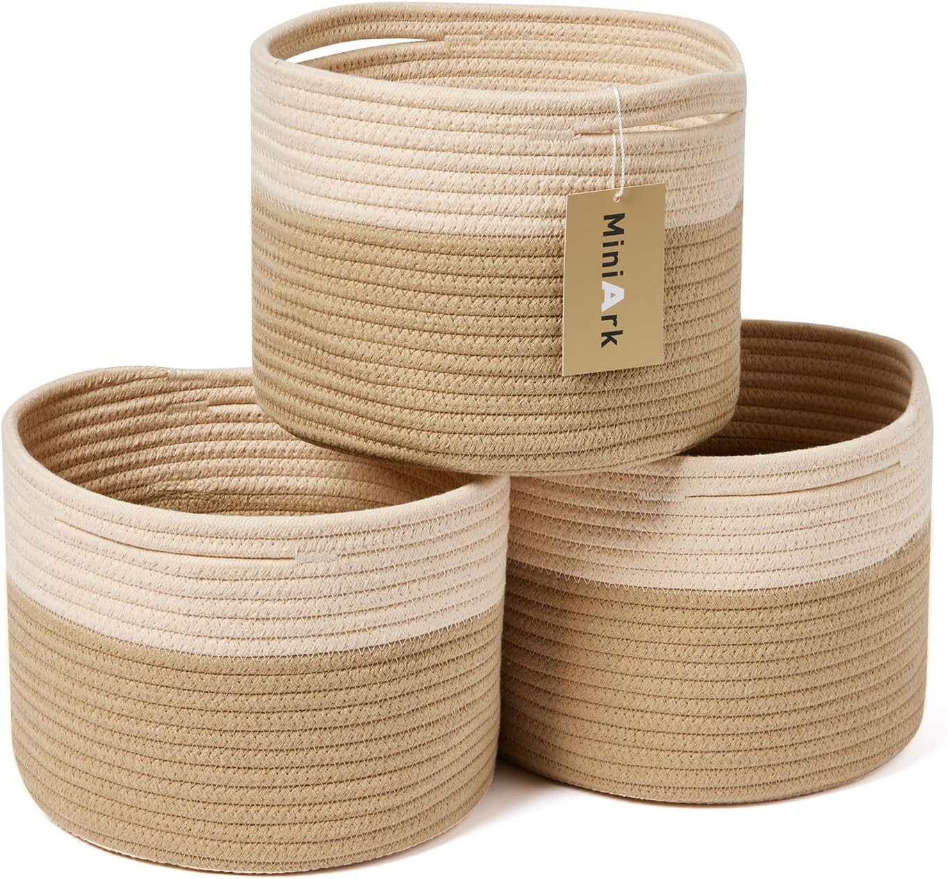 Small Basket for Organizing | Cube Shelf Closet Storage Baskets | 9.7×9.7×7.1” | Woven Rope Gift Basket | Nursery | Round 3 Packs Tan