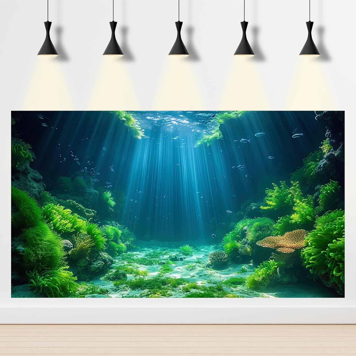 Aquarium Background Aquatic Plants Soft Algae Terrarium Backdrop Underwater World Fish Rock with Moss Sunlight Rays Fish Tank Background Aquarium Wallpaper Poster Decor Vinyl 24x12in