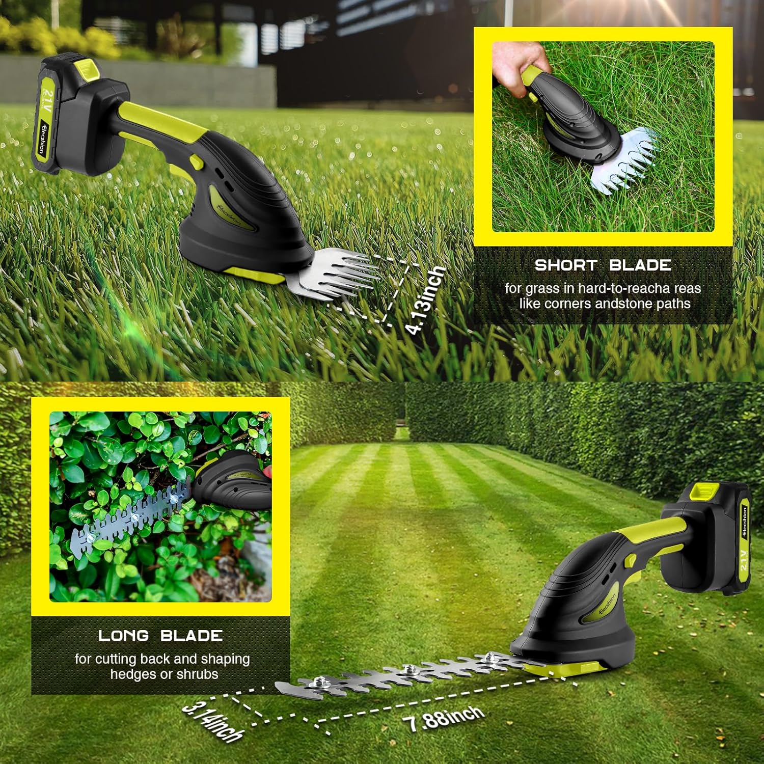 Cordless Hedge Trimmer with Battery and Charger Included, 2 in 1 Handheld Small Electric Bush Trimmers/Grass Cutter Yard Tool for Shrub,Tree,Lawn, Battery Powered Hedge Clippers for Garden