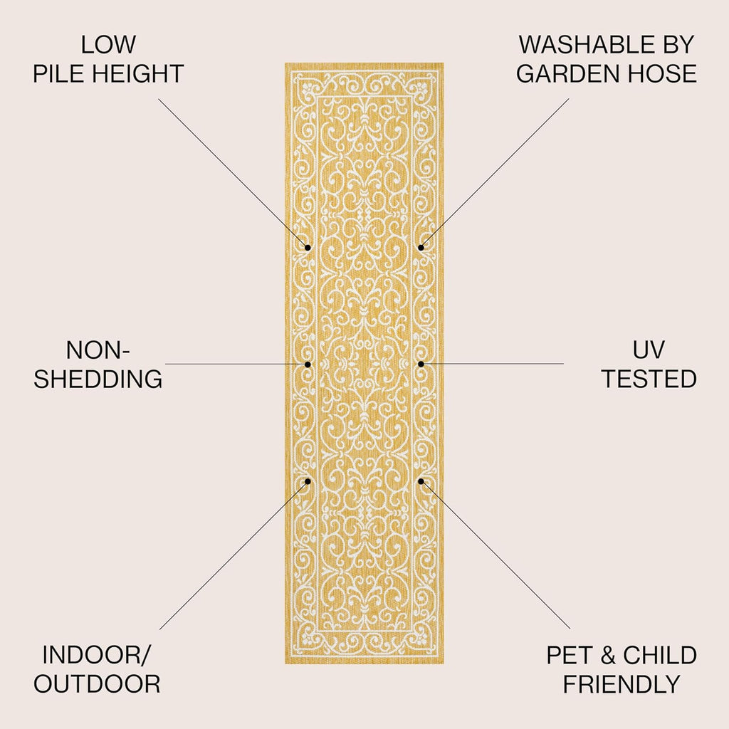 JONATHAN Y SMB106L-28 Charleston Vintage Filigree Textured Weave Indoor Outdoor Runner Rug, Classic, Traditional, Transitional Easy Clean,Bedroom,Kitchen,Backyard,Patio, Non-Shed, Yellow/Cream, 2 X 8