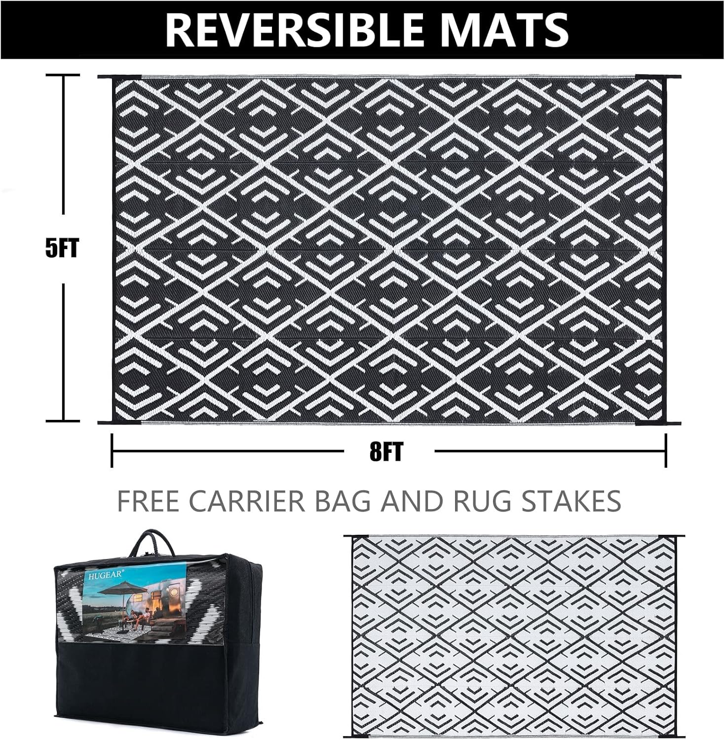 Outdoor Rug Mats, Large Waterproof Outdoor Area Rug, Reversible Portable Outdoor Plastic Straw Carpet for RV Deck Camping Front Door Indoor Outside Porch Picnic (5x8ft Geometric Black&White)