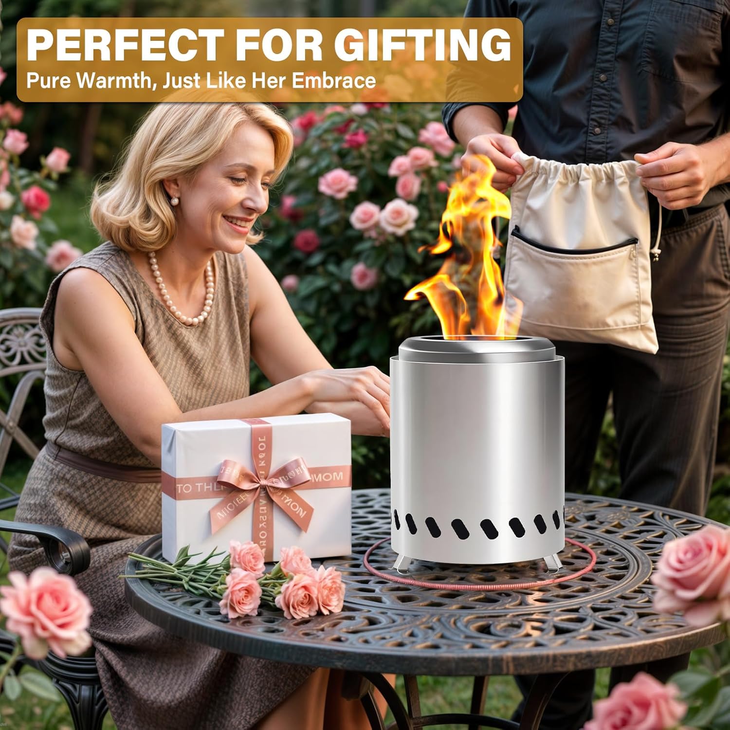 HGD Small Tabletop Fire Pit 9.8 x 8.7 in, Portable Mini Smokeless Table Top Firepit, Low Smoke Camping Stove for Outdoor & Patio, Fueled by Pellets or Wood, with Travel Bag, Stainless Steel, Silver