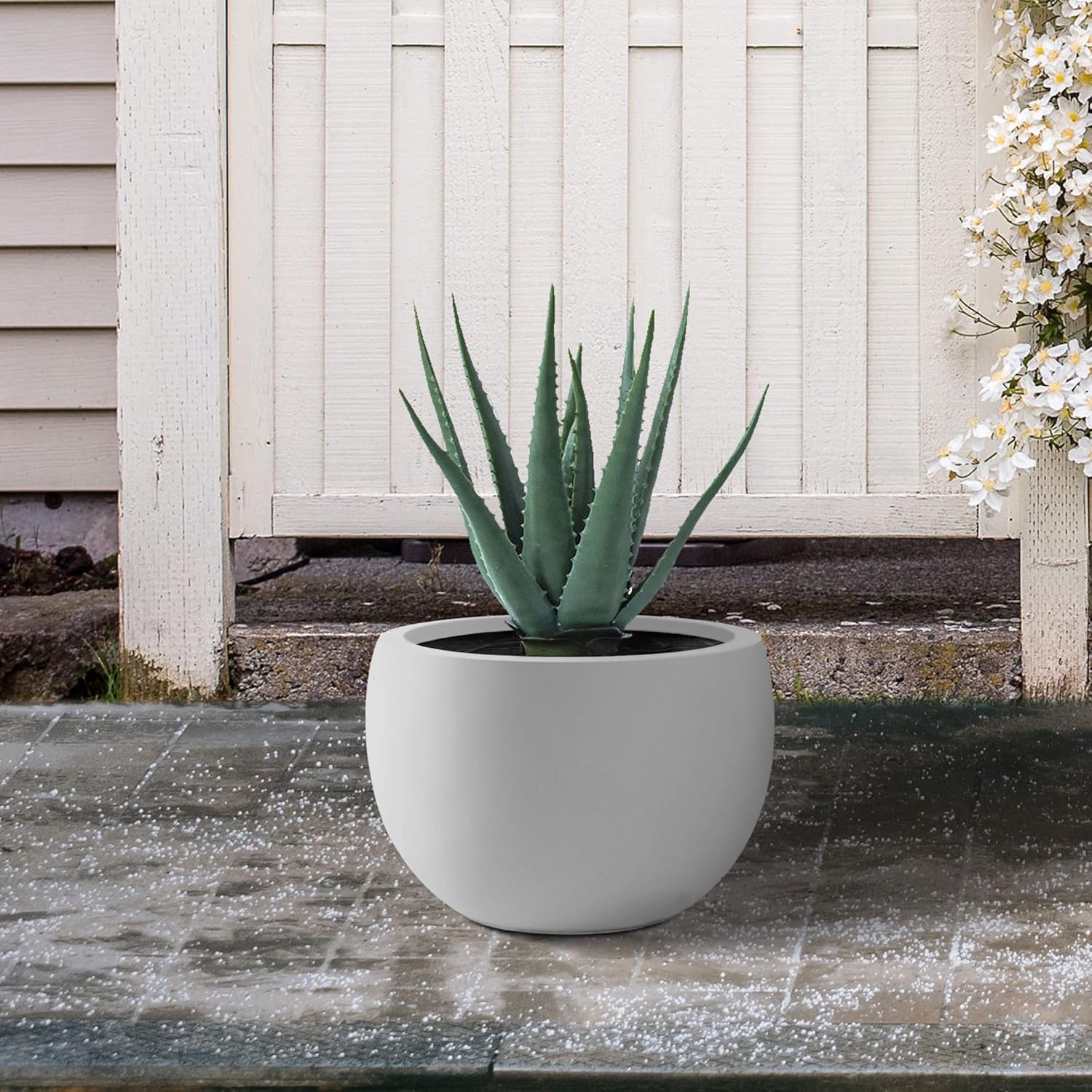Kante 19.9" Dia Round Concrete Planter, Outdoor/Indoor Large Bowl Plant Pots with Drainage Hole and Rubber Plug for Garden Patio Balcony Home, Pure White