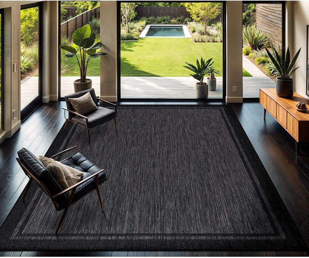 CAMILSON Indoor Outdoor Rug, 9x12 Bordered Dark Grey Black Modern Large Area Rugs for Indoor and Outdoor Patios, Kitchen and Hallway Mats, Washable Porch Deck Outside Carpet (Bordered Black, 9 x 12)
