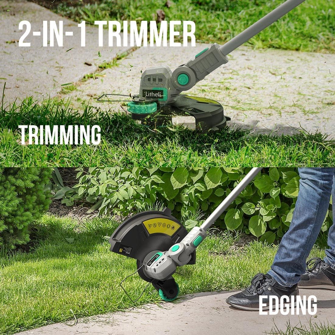 Litheli 20V 12 Inch Cordless String Trimmer/Edger, 2 X 2.0Ah Battery Powered Weed Eater with Auto-Feed for Lawn Trimming/Edging, with 6 Pcs Grass Cutter Spool Line, Fast Charger Included