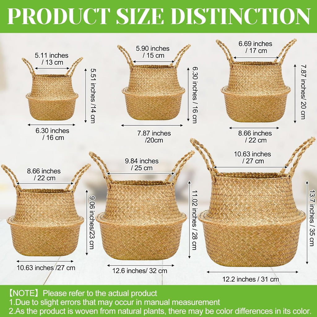 Qunclay 4 Pcs Woven Seagrass Baskets Belly Basket Folding Boho Natural Plant Pot with Handles Round Decorative Wicker Large Indoor Planter for Home Outdoor Tree Planters Decor (6.3 x 5.9 Inch)